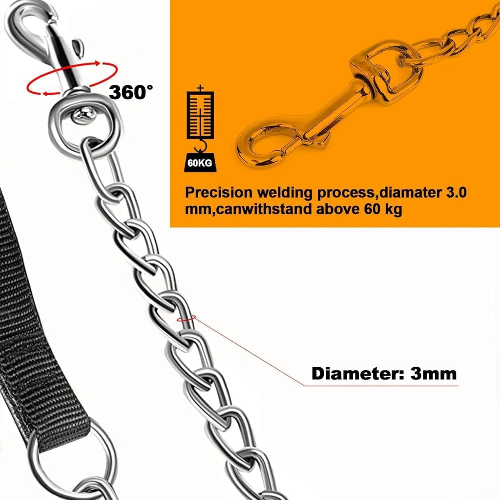 Heavy duty metal dog leash chain with soft padded handle in black, blue or red colours
