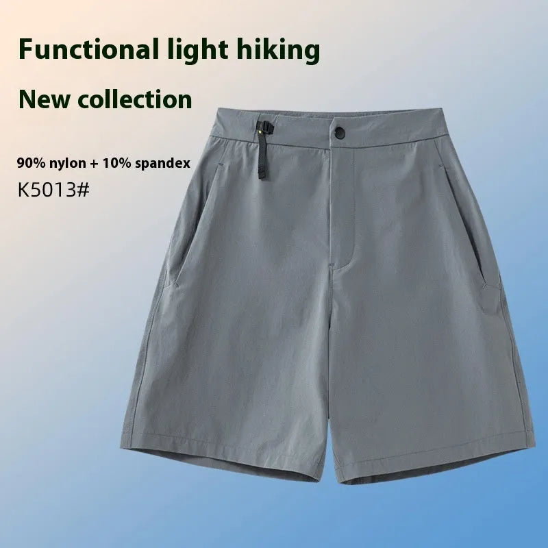 Men's quick-drying nylon spandex sports shorts in khaki colour with elastic waist and 3D cut design.