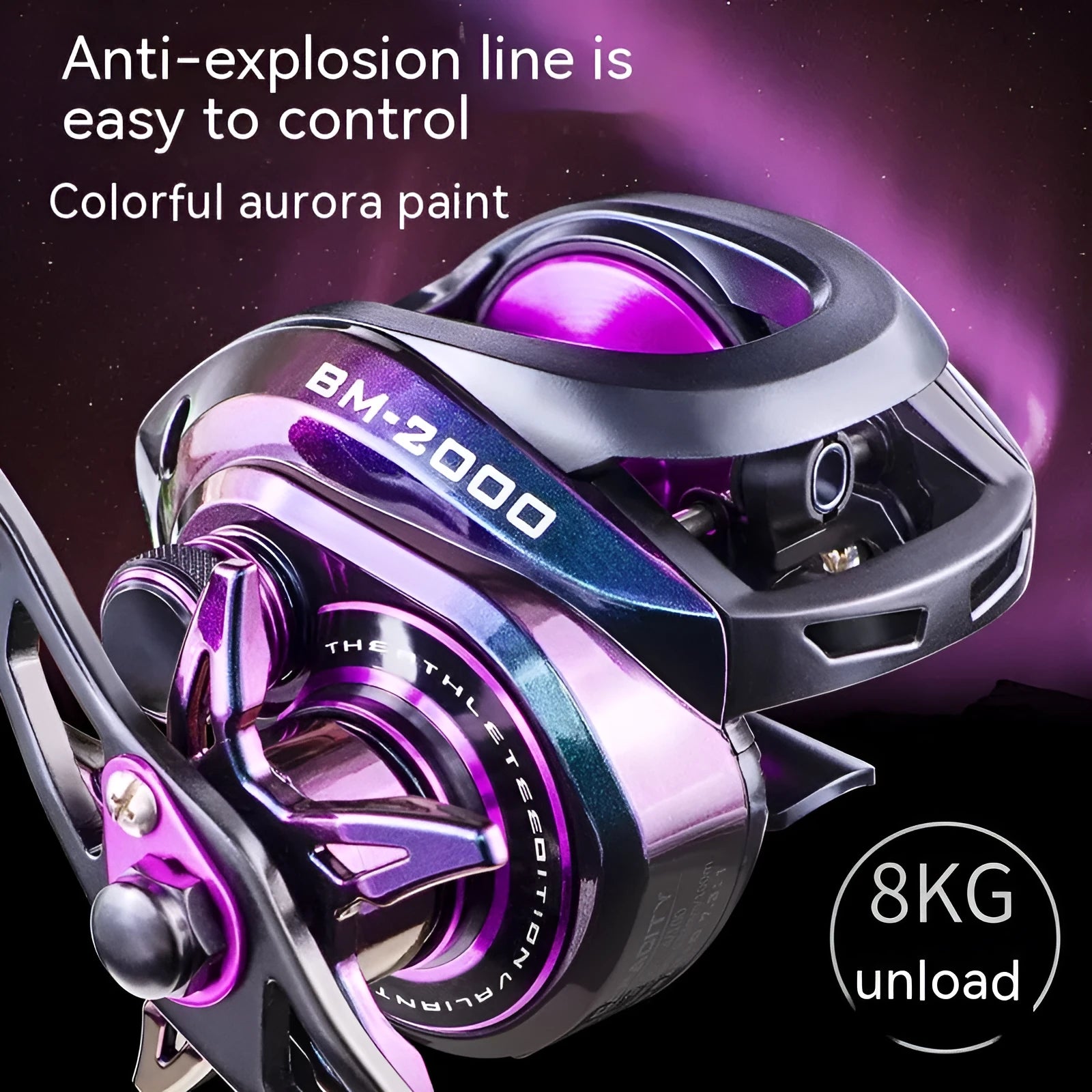 BM2000 fishing reel with magnetic brake water drop system showing left and right hand configuration options