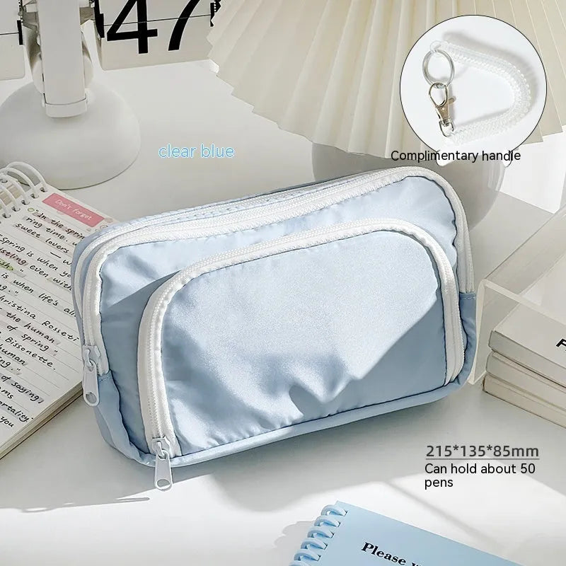 Double layer fabric pencil case in blue, cream, green or pink with gift handle