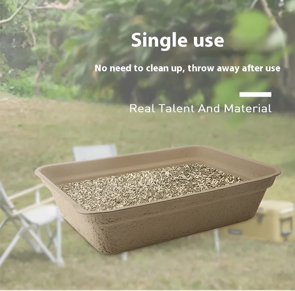 Brown disposable waterproof cat litter box with biodegradable materials shown in three size variations