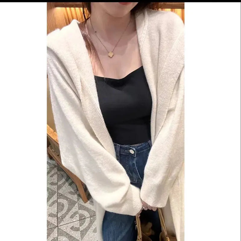 Women's long below-the-knee knitted cardigan with hood in wool blend fabric, loose fit, Korean style