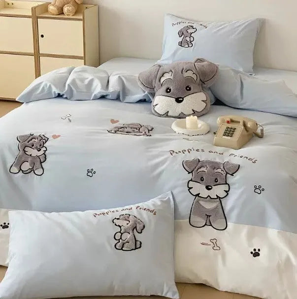 Cute Schnauzer dog cartoon design thickened cotton bedding set with quilt cover, sheet, and pillowcases
