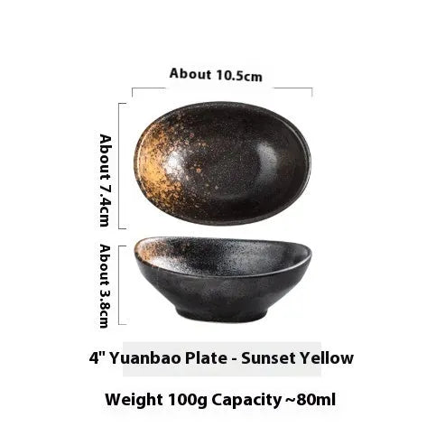 Japanese ceramic oval sauce dipping bowl with traditional underglaze pattern on white background
