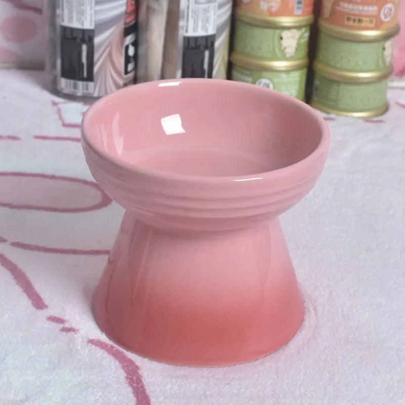 Ceramic pet bowl with anti-tumble design and raised chin support for cats and dogs