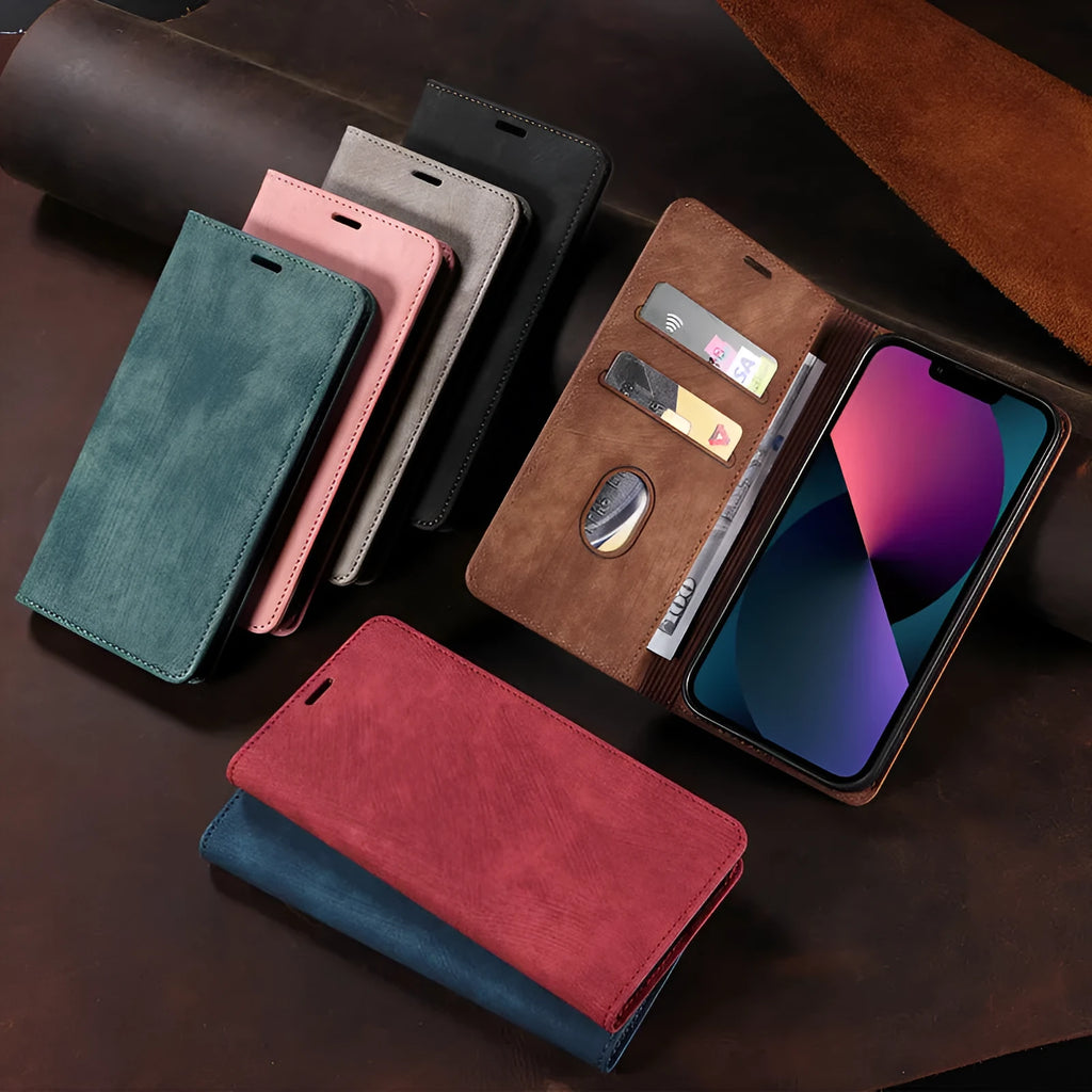 Magnetic flip leather phone case for iPhone shown in grey colour, displaying front cover closed.