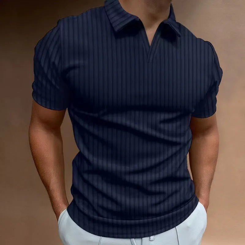 Men's striped V-neck summer sports polo shirt in cotton blend fabric showing elasticity
