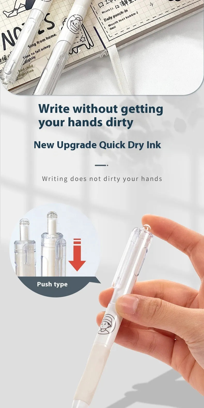 Five white and black plastic ballpoint pens with 0.5mm tips for writing
