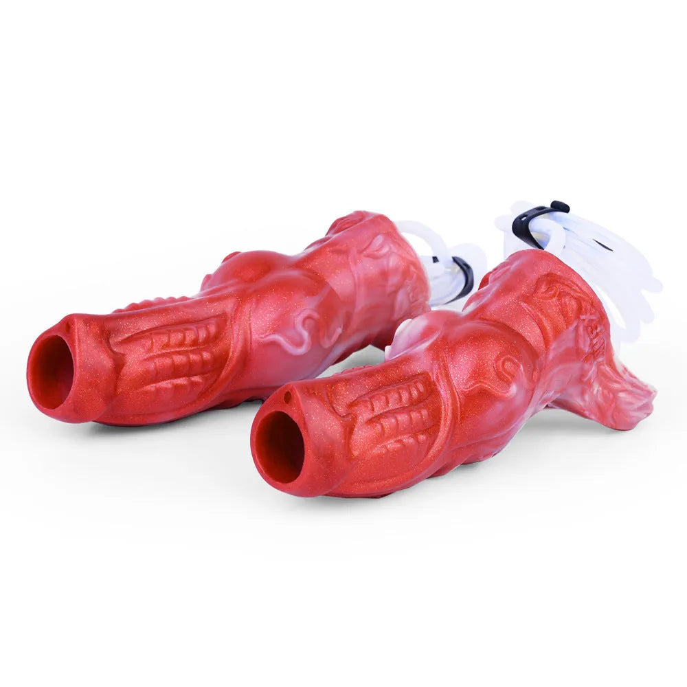 Manual water spray silicone exotic condom toy for adults with syringe and airbag, shown in M and L sizes.