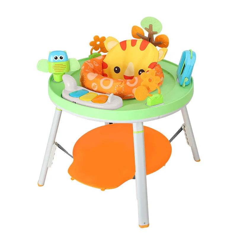 Baby jumping chair with three functions including bouncing and gymnastic rack elements in plastic construction