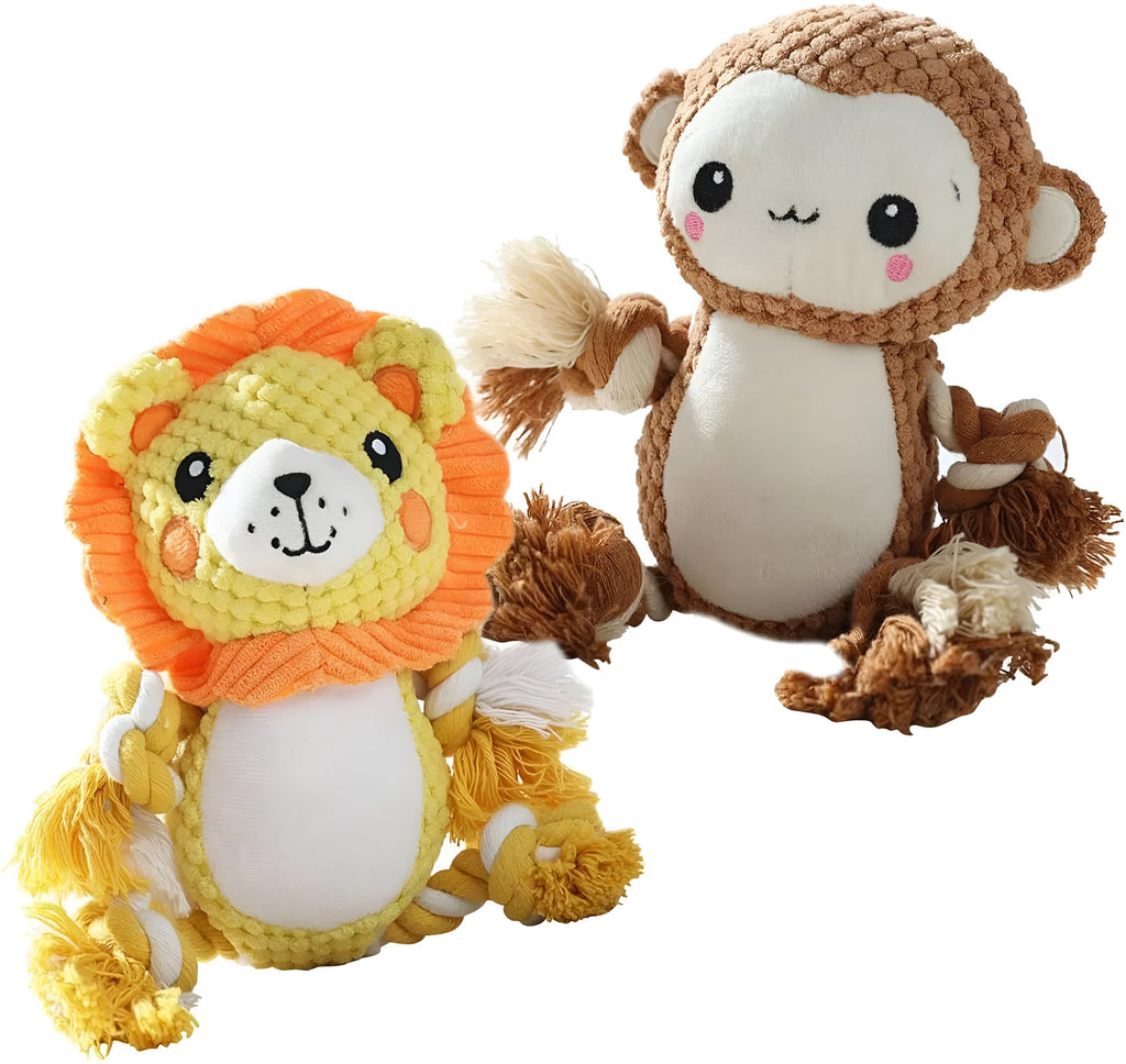 Lion and monkey plush squeaky dog toys showing size difference, with measurement indicators