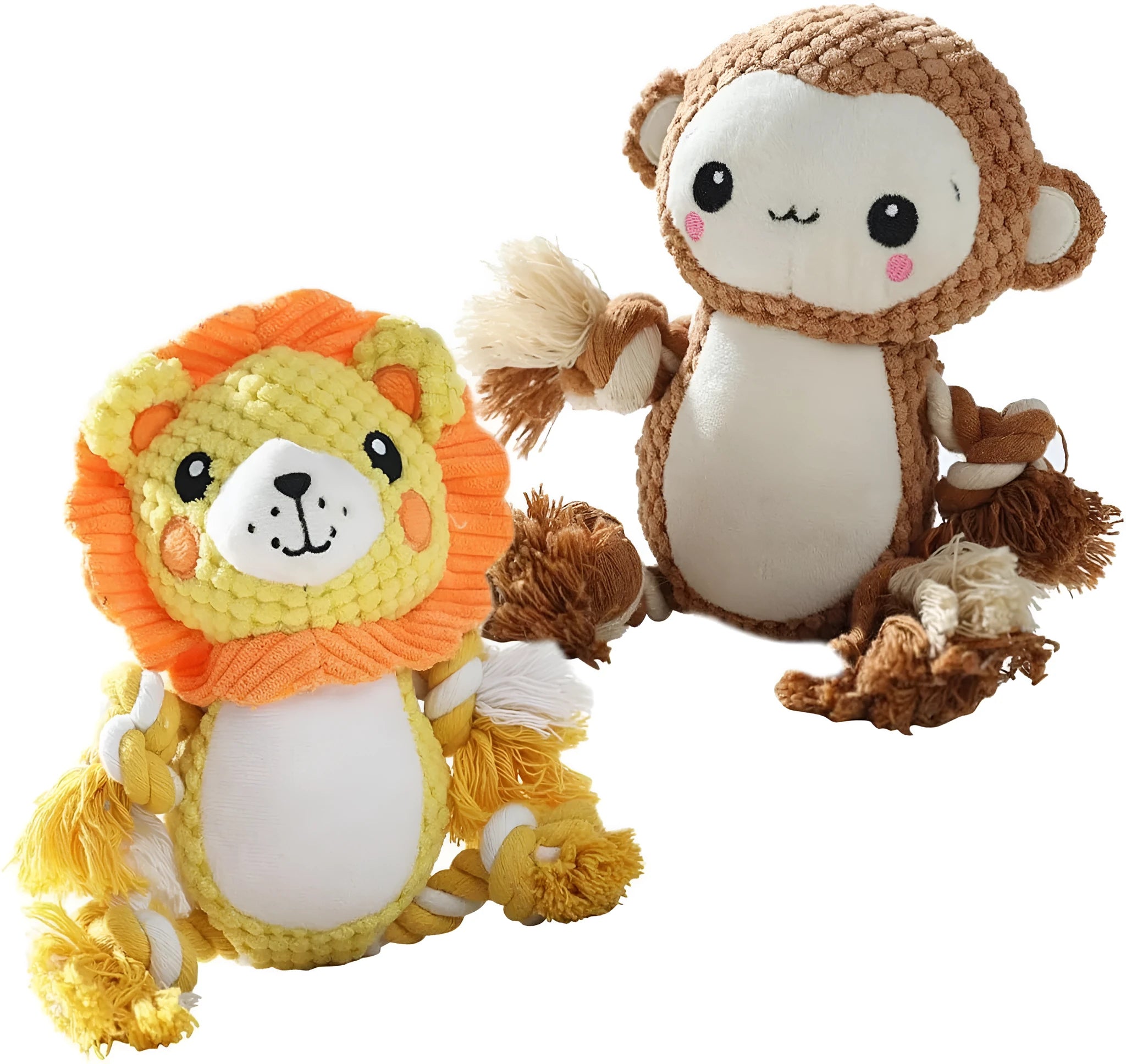 Lion and monkey plush squeaky dog toys showing size difference, with measurement indicators