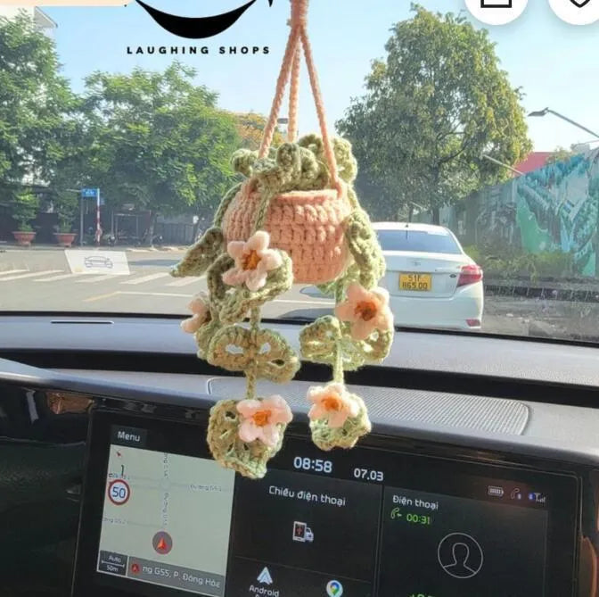 Green and white crochet car plant ornament with 25cm white hanging rope on 8cm basin base