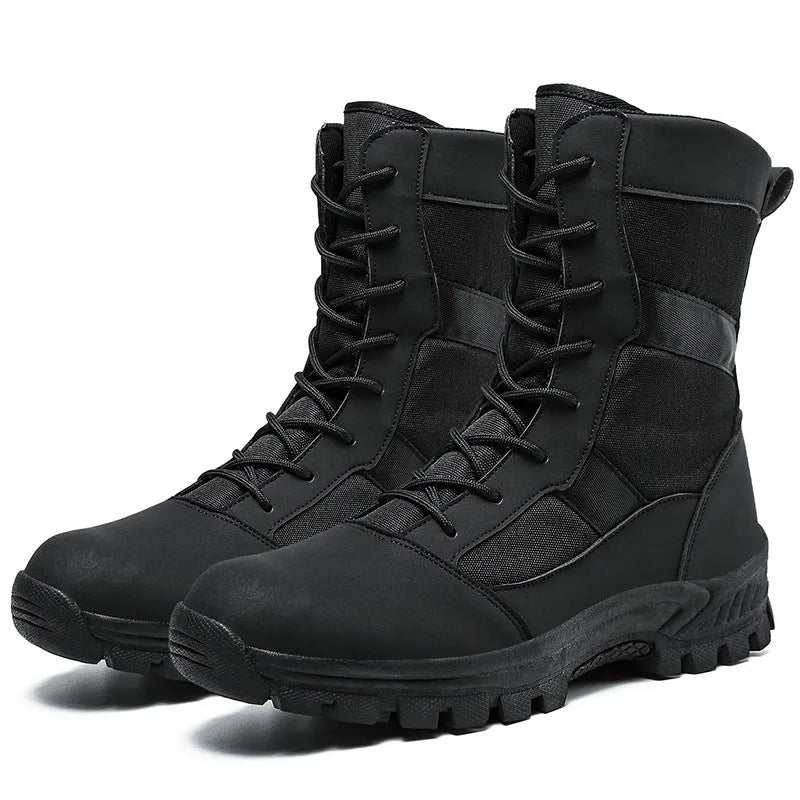 Plus size men's high-top Martin boots in black and camouflage colours with mesh upper