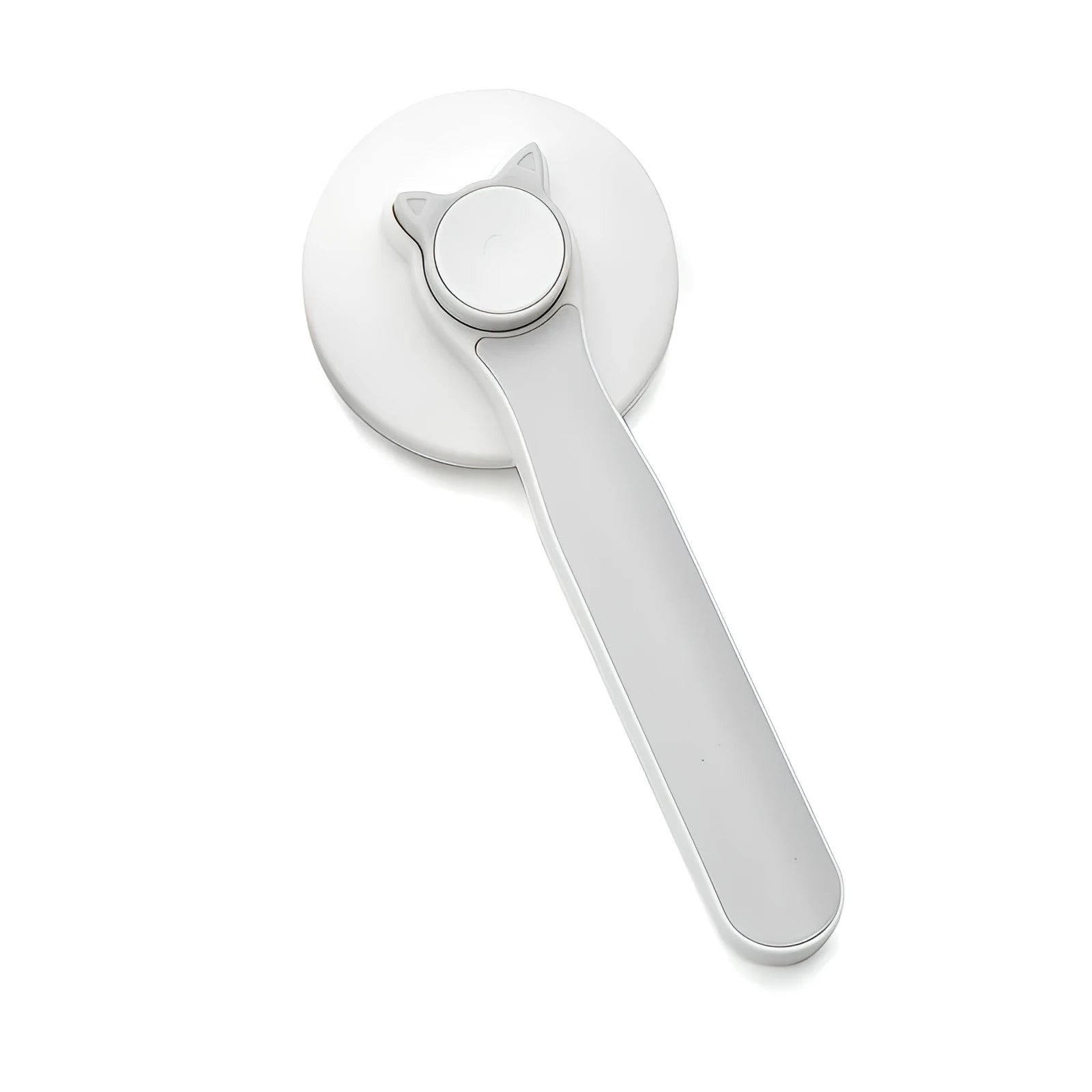 Blue self-cleaning pet grooming brush with ergonomic rubber handle on a white background