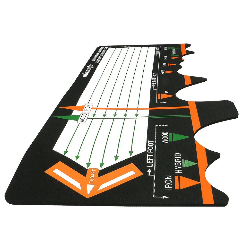 Black neoprene golf swing posture training pad for stance alignment practice.