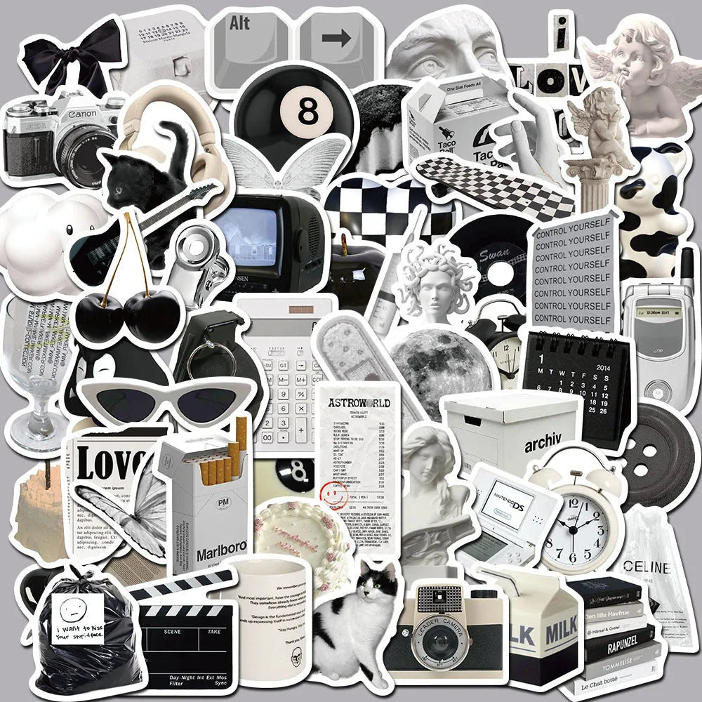 61 black and white simple style PVC waterproof stickers for laptops and phones