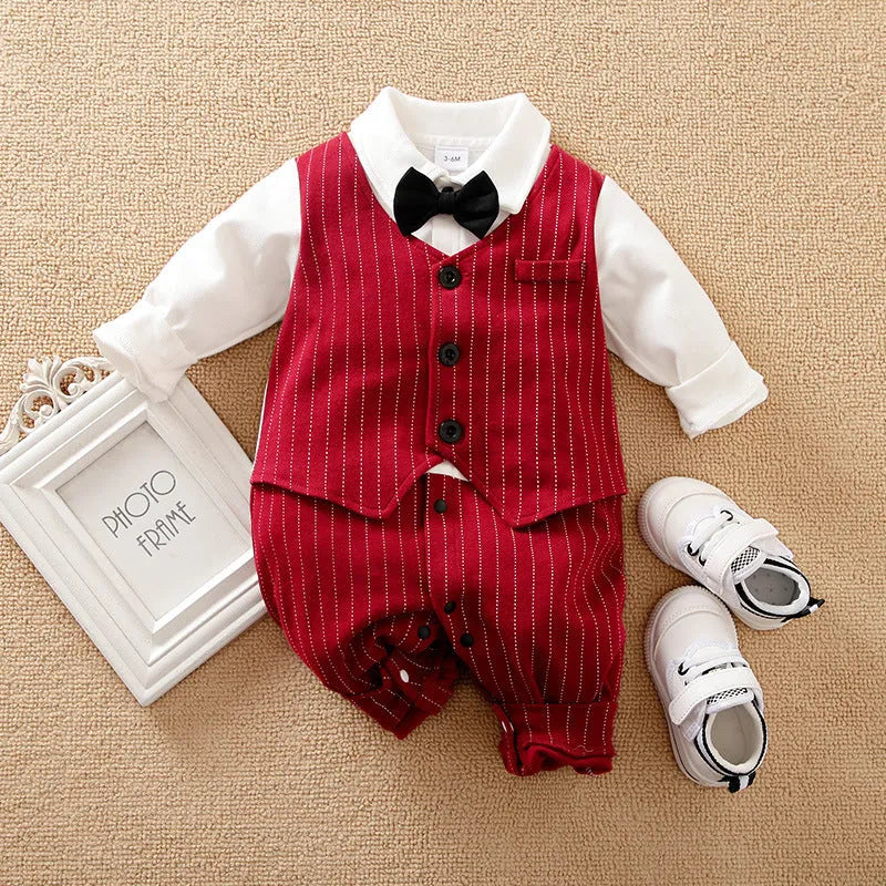 Wine red cotton baby boy romper suit with long sleeves and single-breasted buttons.