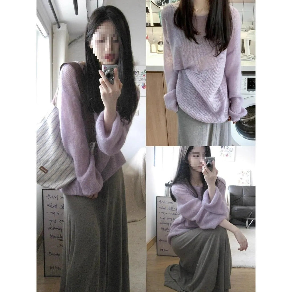 Purple women's blouse with hollow out design and princess sleeves, made from lightweight Ice Silk.