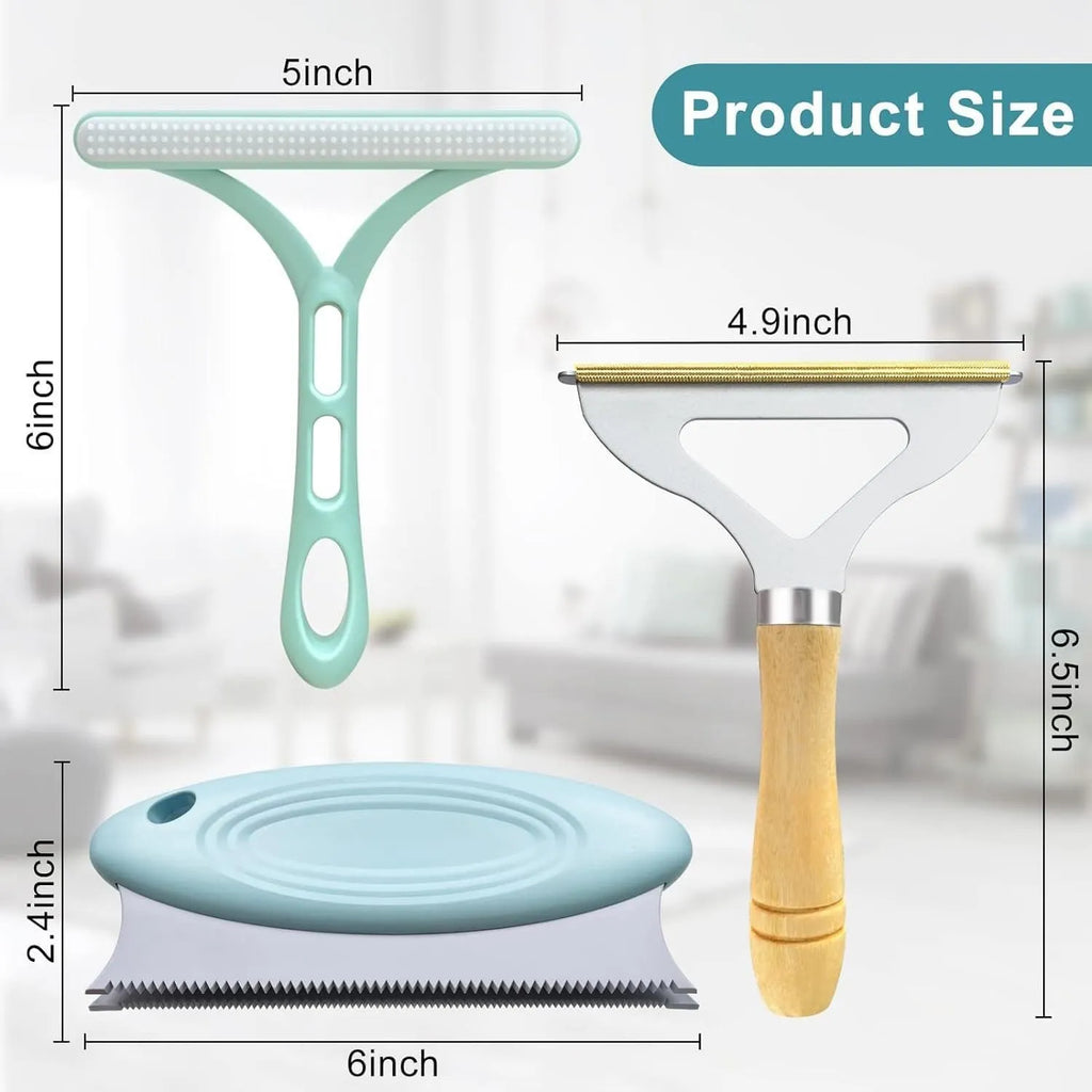 Three pet hair removal tools: a copper lint shaver, a silicone brush, and a round ABS cleaner.