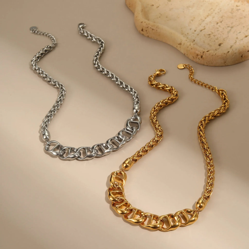 Stainless steel geometric pendant necklace with gold electroplating on regular chain