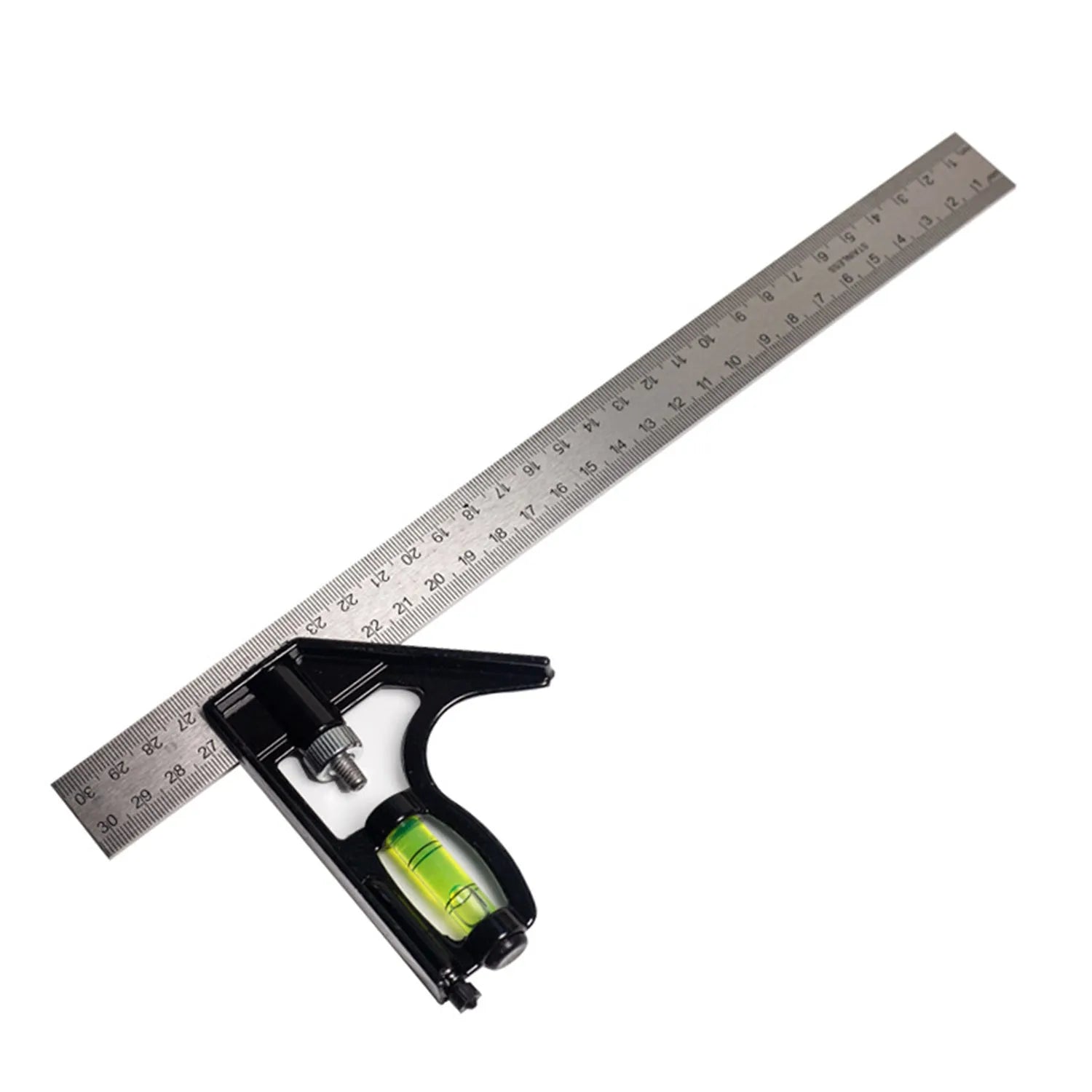 Red thin 7-inch metal combination angle ruler with dual metric edges for civil surveying