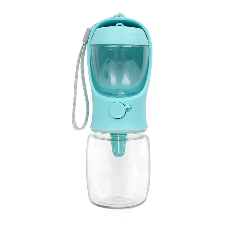 Portable dual-use dog drinking cup showing water dispenser and separate grain bowl compartment