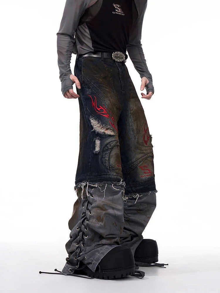 Men's wide leg denim jeans with detachable trouser legs in retro style