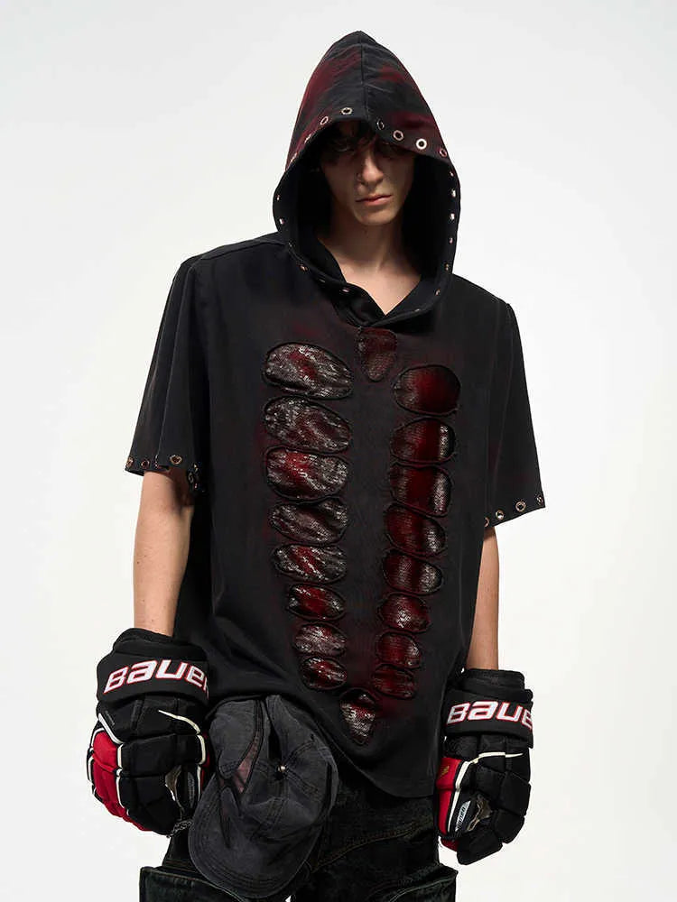 Black men's hooded T-shirt with sequin detailing on loose fit short sleeve design