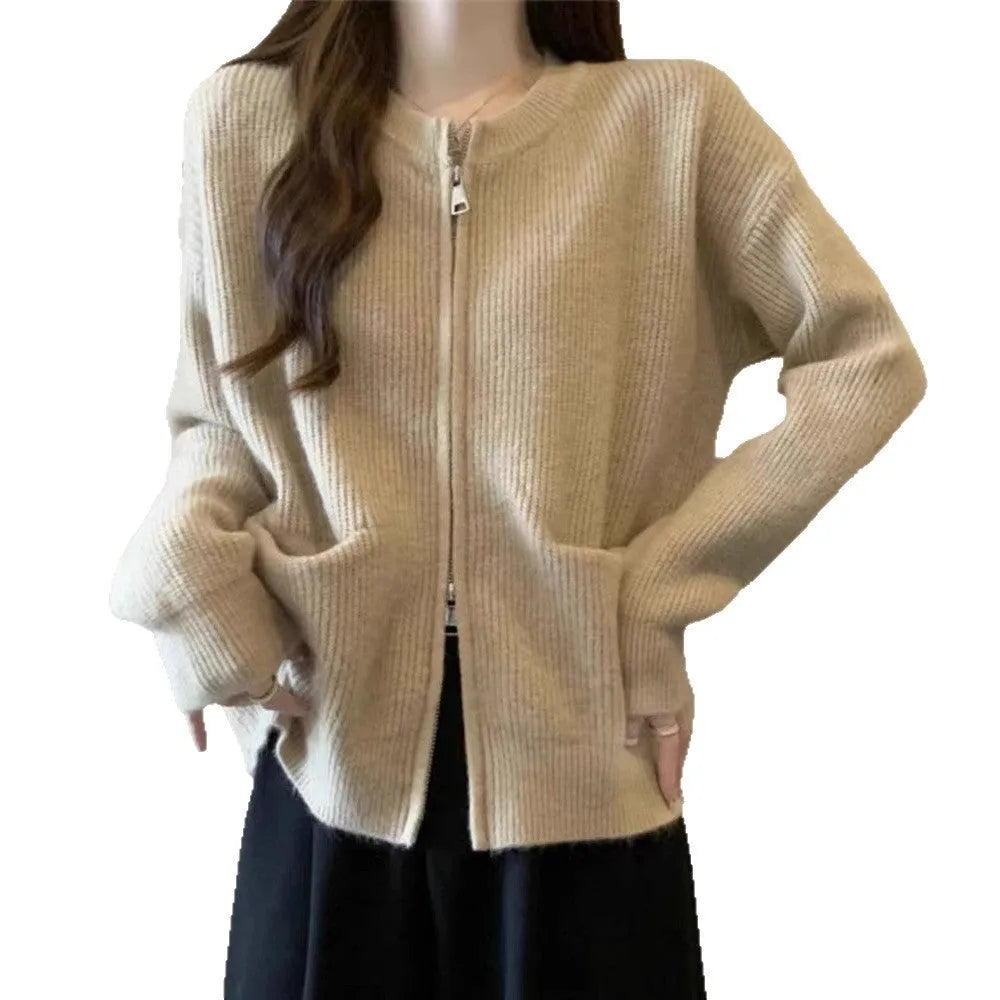 Beige soft glutinous sweater coat cardigan with long sleeves on hanger