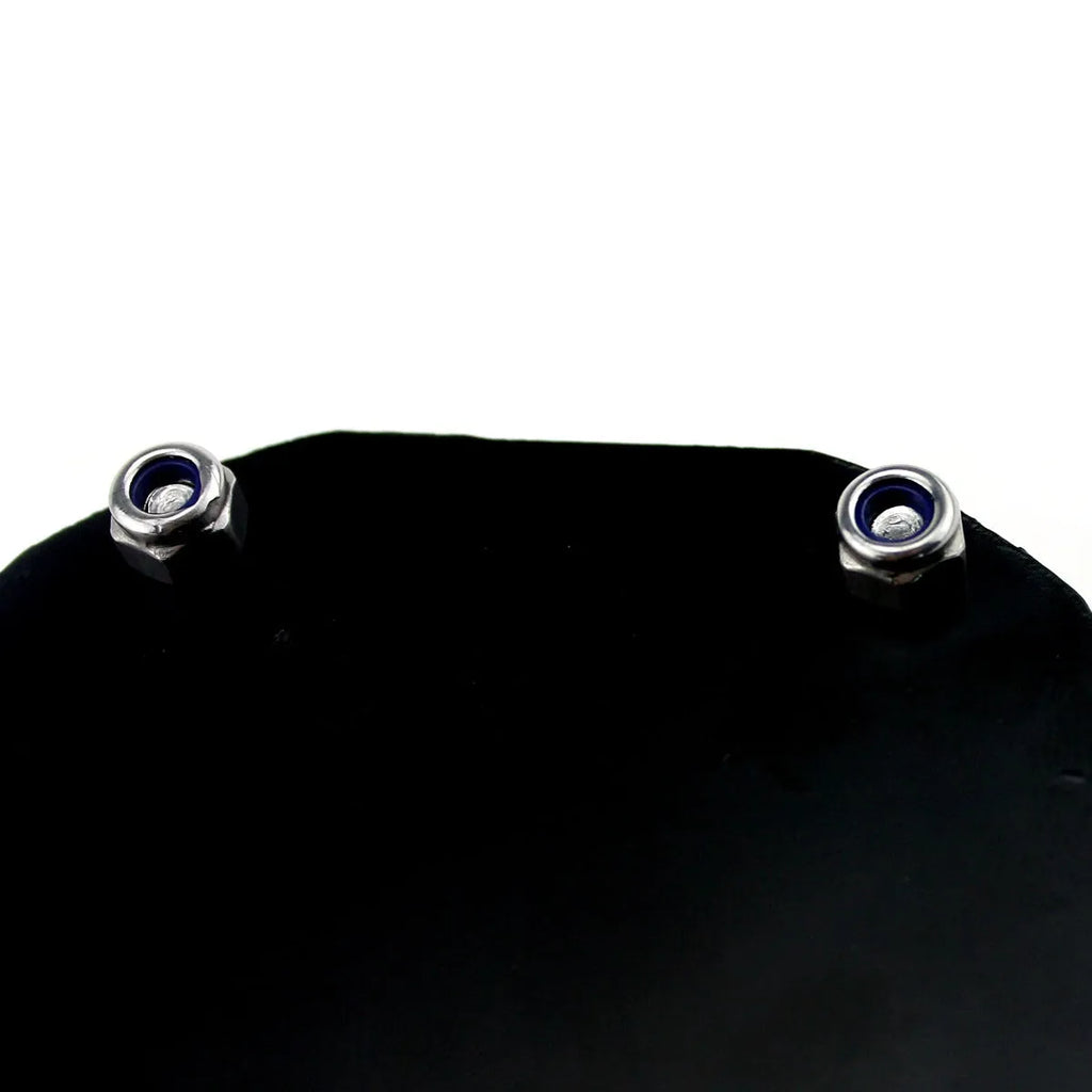 Black carbon fibre pattern motorcycle tax seal with metal alloy body and six-corner screw, 100mm by 7mm.