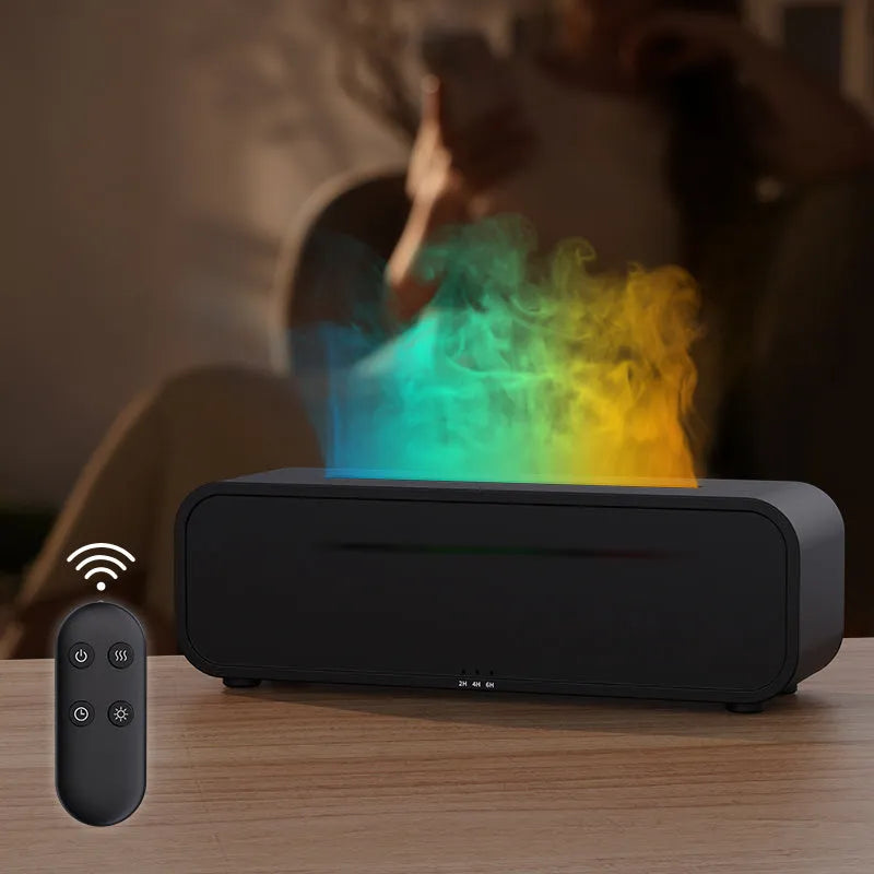 Black and white aroma diffuser with dynamic flame LED light effect on a table.