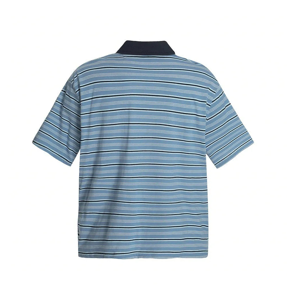 Man's blue and white vintage stripe cotton polo shirt with short sleeves and a loose fit.