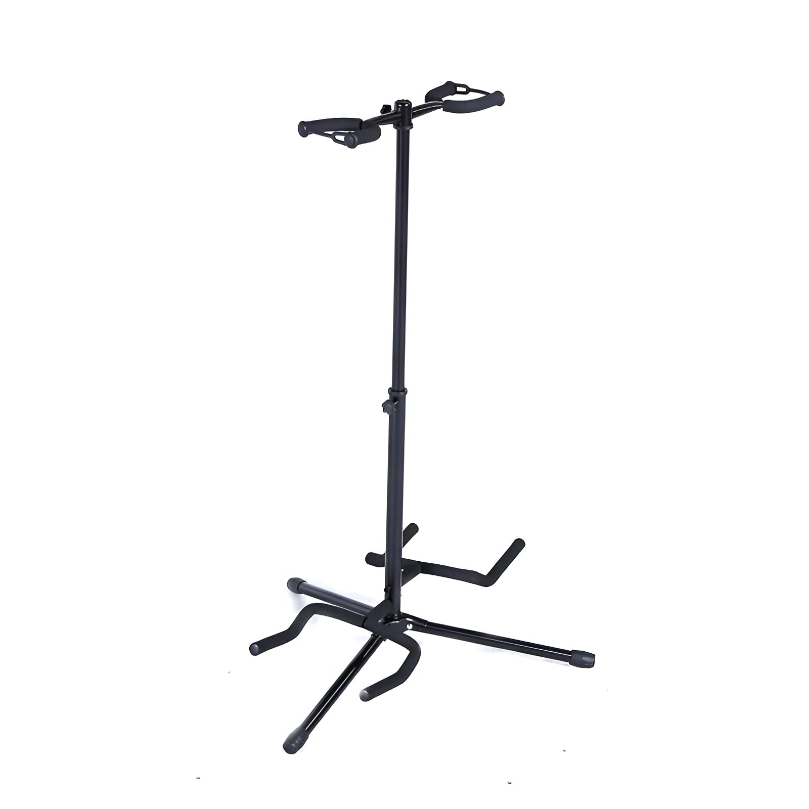Black vertical double-headed adjustable guitar stand holding two guitars