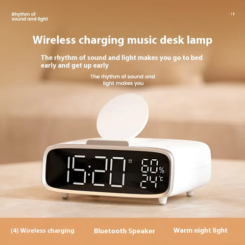 White Bluetooth speaker with integrated wireless charging pad and night light function
