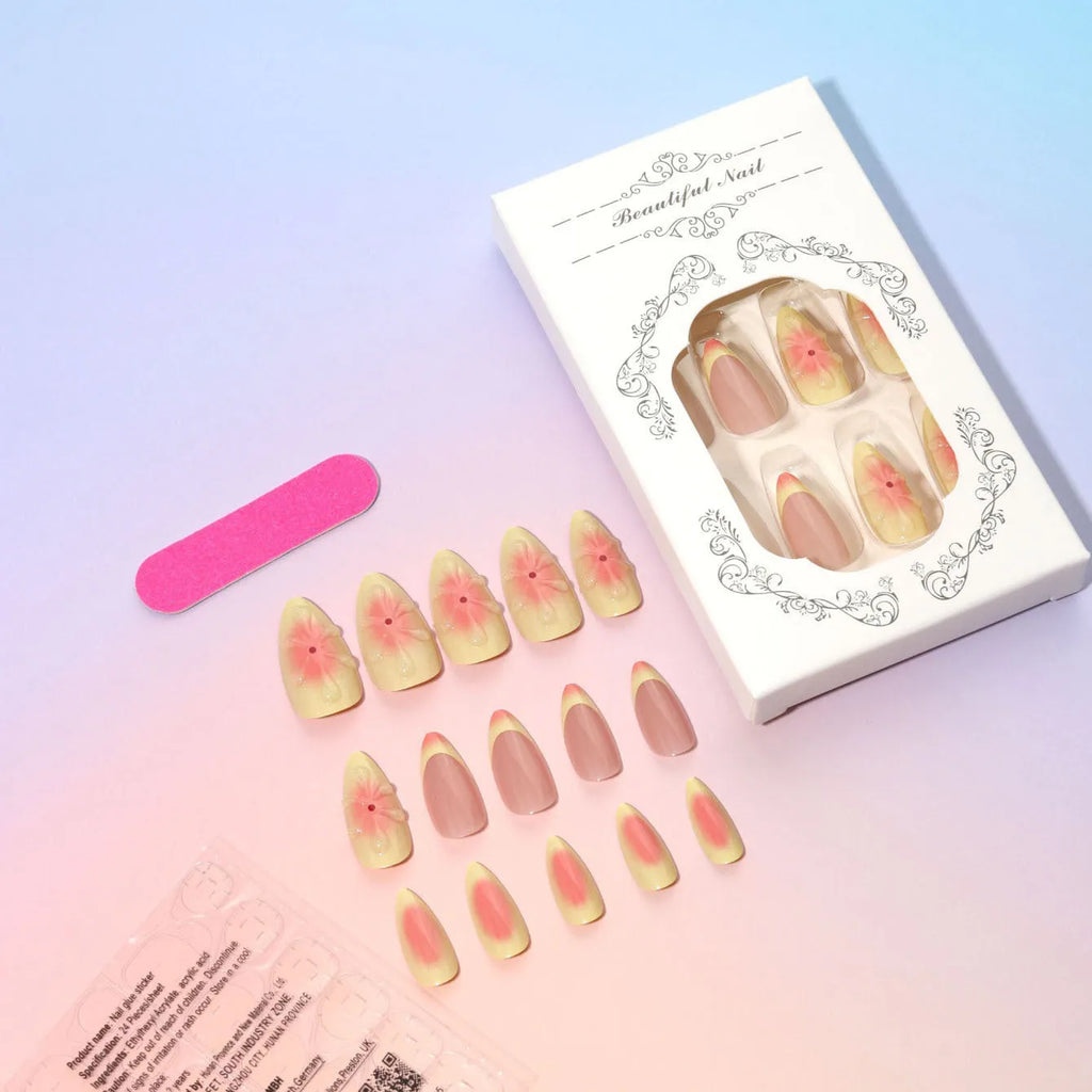 Cartoon-style plastic fake nails with 3D raised pink flowers, shown with jelly glue and a nail file.