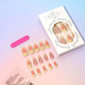 Cartoon-style plastic fake nails with 3D raised pink flowers, shown with jelly glue and a nail file.