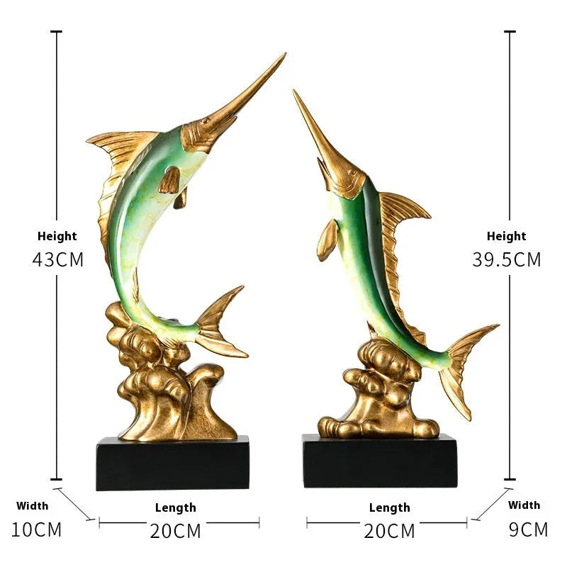 European style decorative resin swordfish ornament in Ocean Green, Lake Blue, Coral Red or Bright Gold.