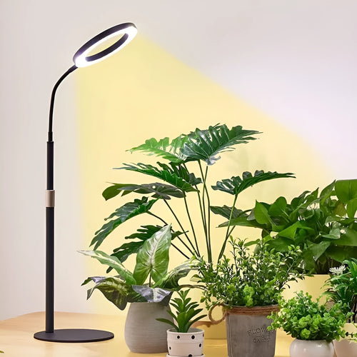 6-inch silver angel ring LED plant grow light on a retractable floor stand next to a houseplant.