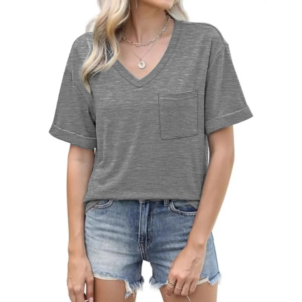 Grey loose fit V-neck T-shirt with chest pocket on mannequin showing front view