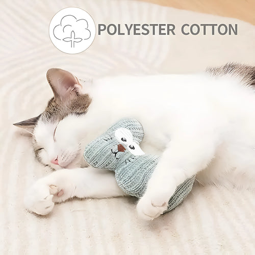 Cyan plush cat chew toy with rope ends, containing catnip and a bell.