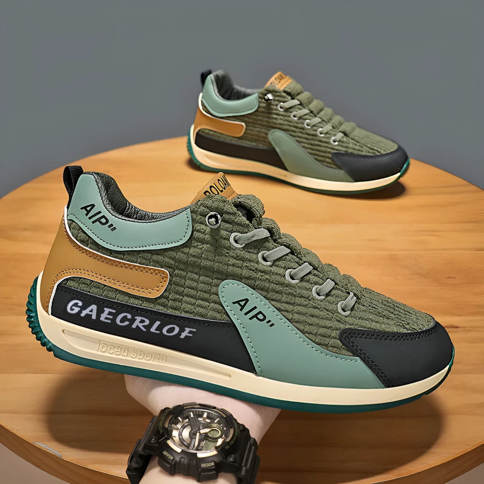 Men's grey mesh running shoes with lace-up closure and round toe design