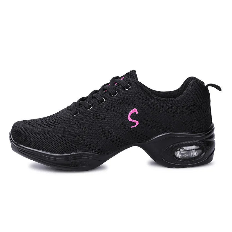 Women's Flyknit woven mesh dancing shoes with soft PU sole in multiple colour variations for summer dance and sports