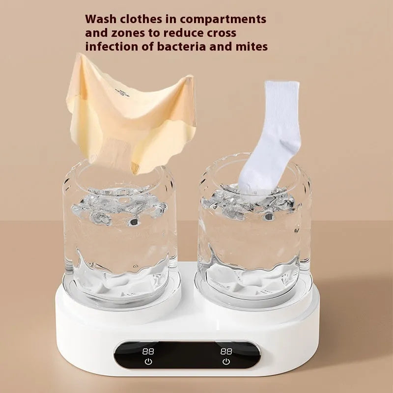 White double bucket mini washing machine with USB cable for portable small item laundry