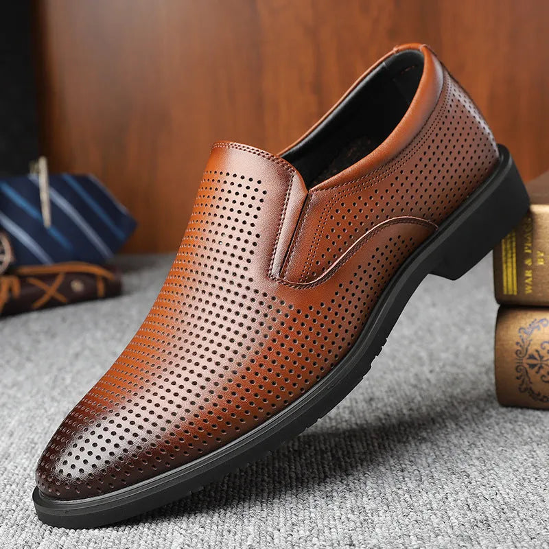 Men's black leather slip-on business casual shoes with rubber sole and low top design