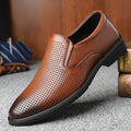 Men's black leather slip-on business casual shoes with rubber sole and low top design