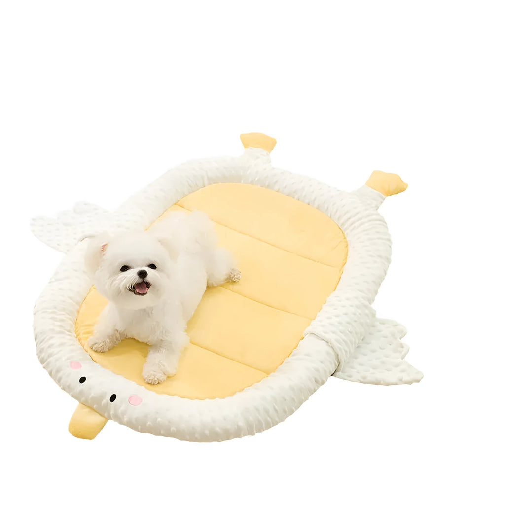 Bedsure grey waterproof orthopedic sofa-style dog bed with removable cover on a wooden floor
