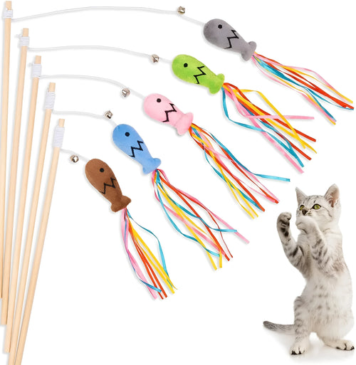 Cat wand toy with colourful ribbons, catnip fish and bell on wooden handle