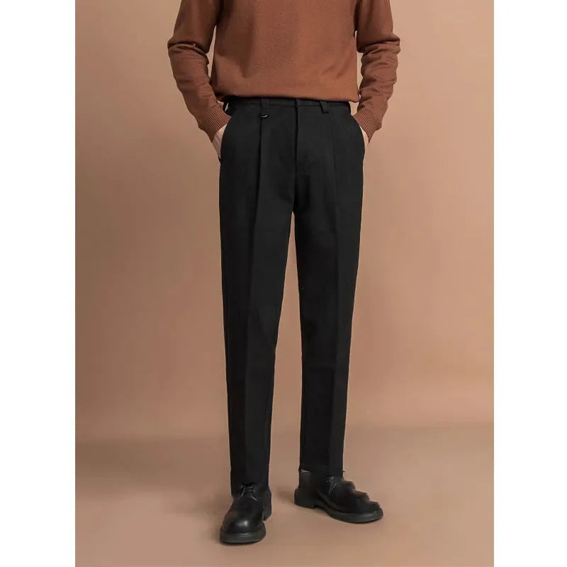 Men's straight leg casual trousers in black polyester fabric with business styling