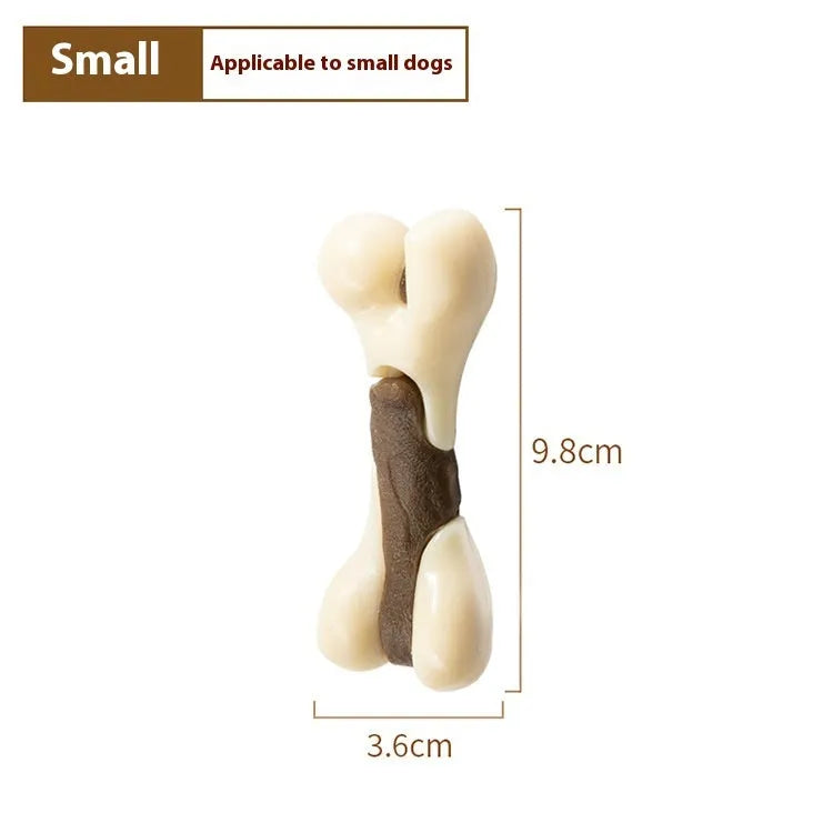 Cowhide and nylon bone-shaped dog chew toy in small and large size options